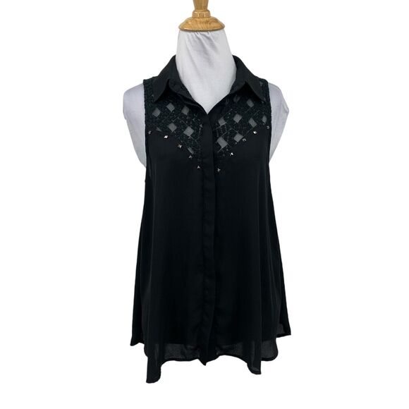 Astr Top Womens S Small Black Mesh Lace Panels Studded Hidden Button Tunic - Picture 1 of 14